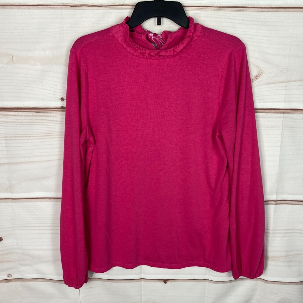 Talbots Top Women L Pink Knit Blouse Ruffle Neck Long Sleeve Velvet Tie Pullover